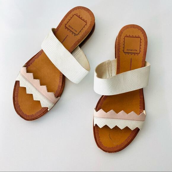 DV DOLCE VITA White Pink Zig Zag Leather Double Strap Sandals Slides Flats 6 - Picture 1 of 9